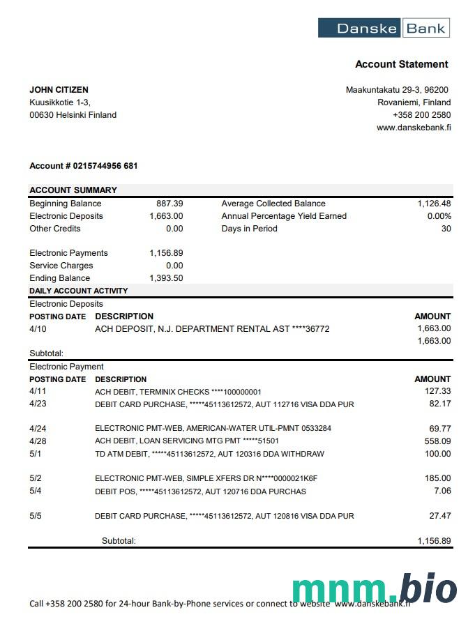 Finlandia Danske szablon wyciągu bankowego w programie Word i PDF